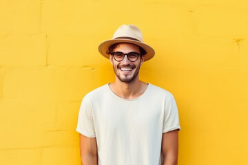 Cheerful young man in yellow hat and glasses on yellow background - obrazy, fototapety, plakaty