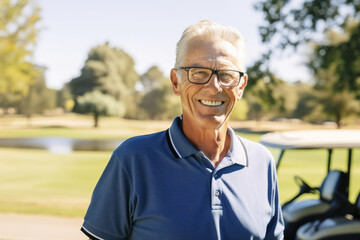 Obraz premium Portrait of happy senior man standing with golf cart on golf course
