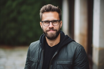 Portrait of a handsome young man on the street at night.
