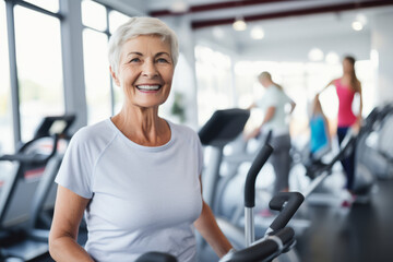 Obraz premium Portrait of smiling senior woman standing on treadmill in fitness center and looking at camera