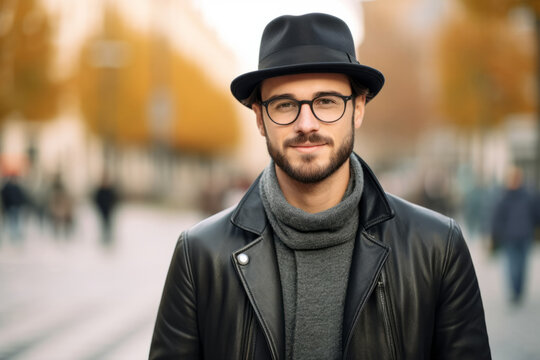 Portrait of a smiling young man in hat and glasses standing outdoors