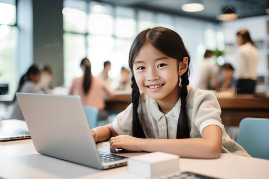 Little asian girl using laptop computer in library. Education and technology concept.