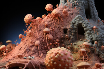 The microbial community within a termite mound, illustrating the collaborative efforts of bacteria and protozoa in breaking down cellulose. Generative Ai.