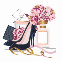 Fashion stylish vector illustration with perfume, peony and shoes - 694582298