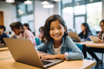 Little asian girl using laptop computer in library. Education and technology concept.