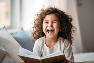 Happy little girl reading a book while sitting on the sofa at home - obrazy, fototapety, plakaty