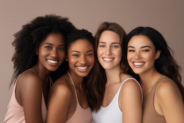 Group of diverse women standing together and smiling at camera over grey background