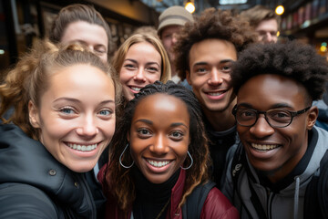multiethnic group of smiling young people standing in street and looking at camera