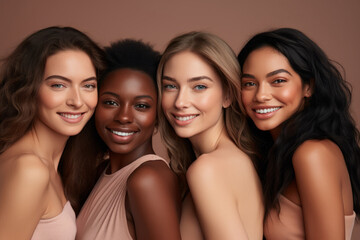Obraz premium Group of diverse women standing together and smiling at camera over grey background