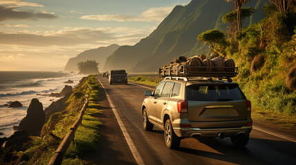 SUV packed with luggage driving on a scenic coastal road at sunset, with the ocean and mountains in the background.