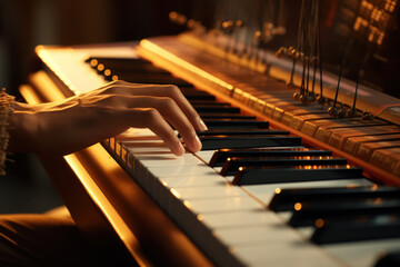 The subtle movements of fingers playing a musical instrument, each note produced mindfully,...