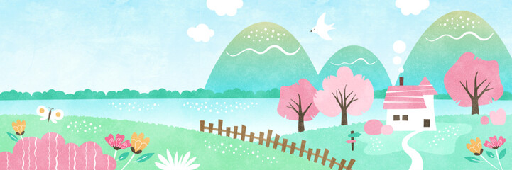 桜の咲く春の自然の風景 水辺の家と山々の水彩イラスト