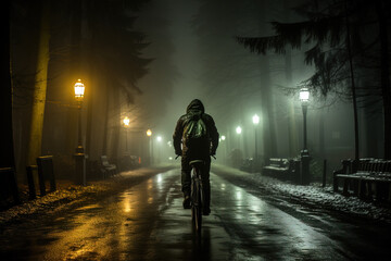 Silhouette of a lone cyclist riding through a foggy, lamp-lit park at night, creating an eerie and tranquil urban scene. - obrazy, fototapety, plakaty