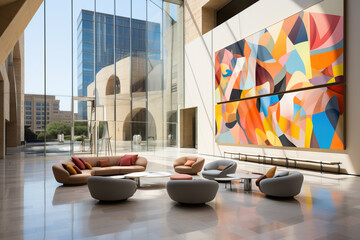 Modern lobby with colorful abstract wall art, stylish seating, and sunlit glass walls, showcasing contemporary design and luxury.
