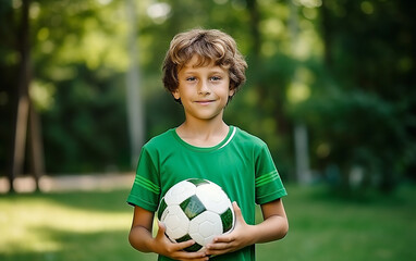 The boy holds a soccer ball in his hands. Young athlete on a green meadow.