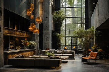Elegant and modern hotel lobby with luxurious furniture, decorative lighting, and large windows offering a nature view.