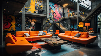 A chic urban loft living room featuring vibrant orange sofas, contemporary art, graffiti wall, and...