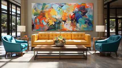 Contemporary hotel lobby featuring a yellow couch, blue armchairs, and a large vibrant painting under natural light.