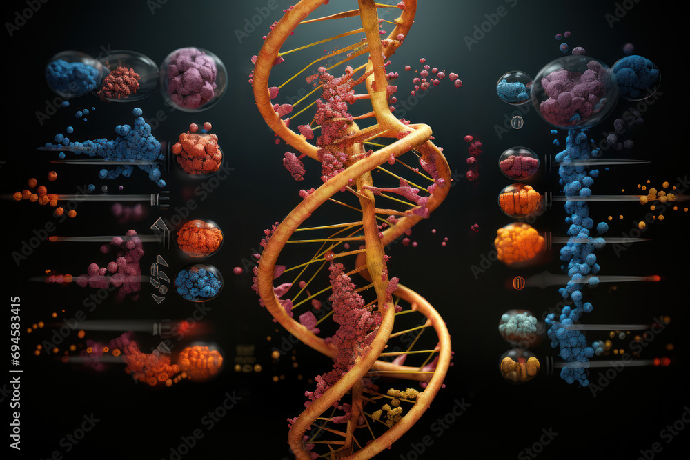 Poster An illustration of epigenetic modifications, highlighting the environmental factors that can influence gene expression without altering the underlying DNA sequence. Generative Ai.