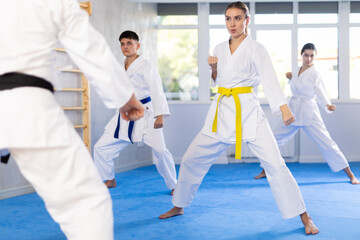 Fototapeta na wymiar Fighting stance of men and women during group karate training
