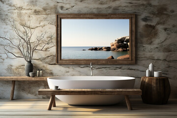 Fototapeta na wymiar Luxurious modern bathroom interior with a freestanding bathtub, serene ocean view artwork, and minimalist decor.