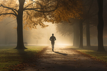 A jogger steadily running through a misty morning park, maintaining a rhythmic pace