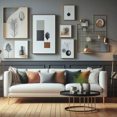Modern design living room with sofa, paintings and furniture