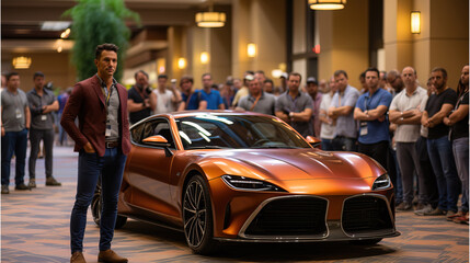 Confident man standing beside an orange sports car during an indoor presentation with an attentive...