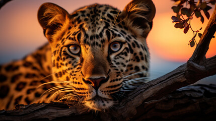 Close-up of an intense leopard gaze during sunset with warm orange tones and blurred background.