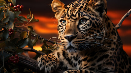 Majestic leopard with piercing gaze sitting among foliage with vibrant sunset colors in the background.