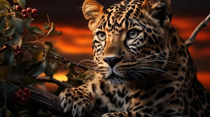 Poster Majestic leopard with piercing gaze sitting among foliage with vibrant sunset colors in the background. © Pavel