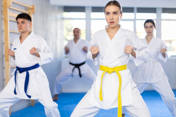 Fototapeta na wymiar Fighting stance of men and women during group karate training