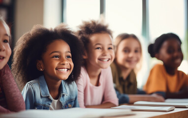 A group of multinational children are being at school lesson