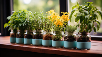 Assorted fresh herbs in mason jars lined up on a sunny windowsill, showcasing roots and soil for indoor gardening.