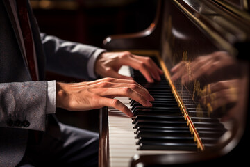 A pianist passionately playing a complex classical piece, his fingers dancing over the keys