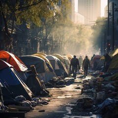 Homeless encampment on an urban street. Homelessness epidemic in America. Refugees  