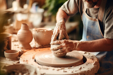 A potter at a wheel, shaping a clay vase in a cozy, art-filled studio