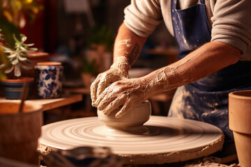A potter at a wheel, shaping a clay vase in a cozy, art-filled studio