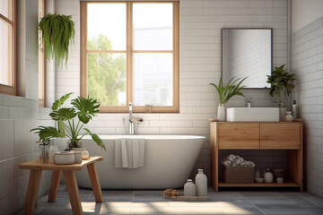 a simple bathroom with white tile and plants, in the style of photorealistic scenes
