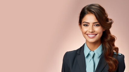 Indian woman in flight attendant uniform isolated on pastel background