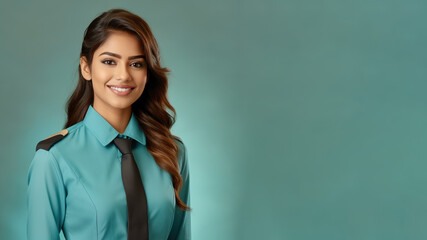 Indian woman in flight attendant uniform isolated on pastel background