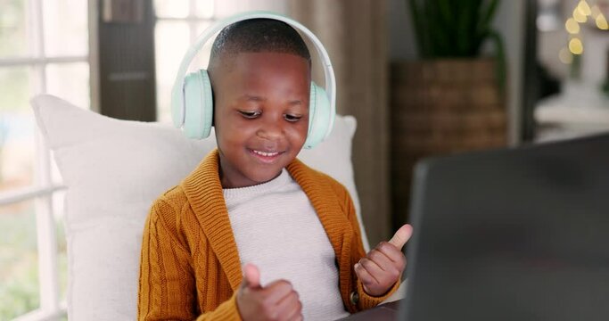 Headphones, laptop and boy child doing math counting for assignment, project or homework. Elearning, technology and young African kid student working on a computer for distance learning education.