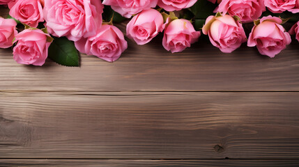 Gorgeous rose flowers elegantly arranged on a wooden table, providing ample copy space for personalized messages or captions, generative ai