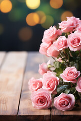 Gorgeous rose flowers elegantly arranged on a wooden table, providing ample copy space for personalized messages or captions, blured background , generative ai
