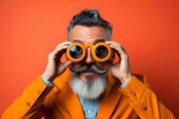 funny man in an orange jacket with binoculars on a red background, the concept of discounts and travel.  - obrazy, fototapety, plakaty