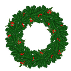 Christmas wreath with sprigs of pine needles and holly, holiday decoration for card or poster design