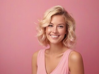 portrait of a pretty blonde woman in pink dress on a pink background