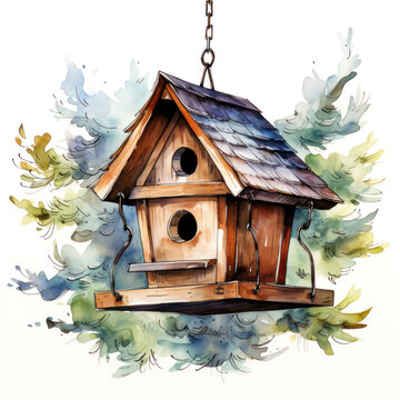 wooden house for birds, on a white background in watercolor style. drawing for printing on fabric, postcard or book. 