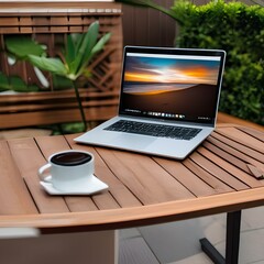 Fototapeta premium A laptop and coffee mug on a customizable outdoor patio table2