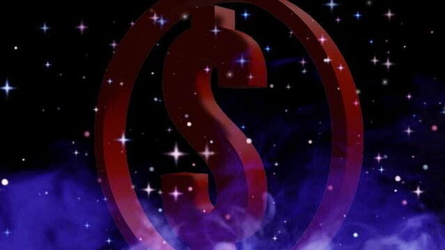 3d render of rotating red dollar with stars and mist logo on black screen